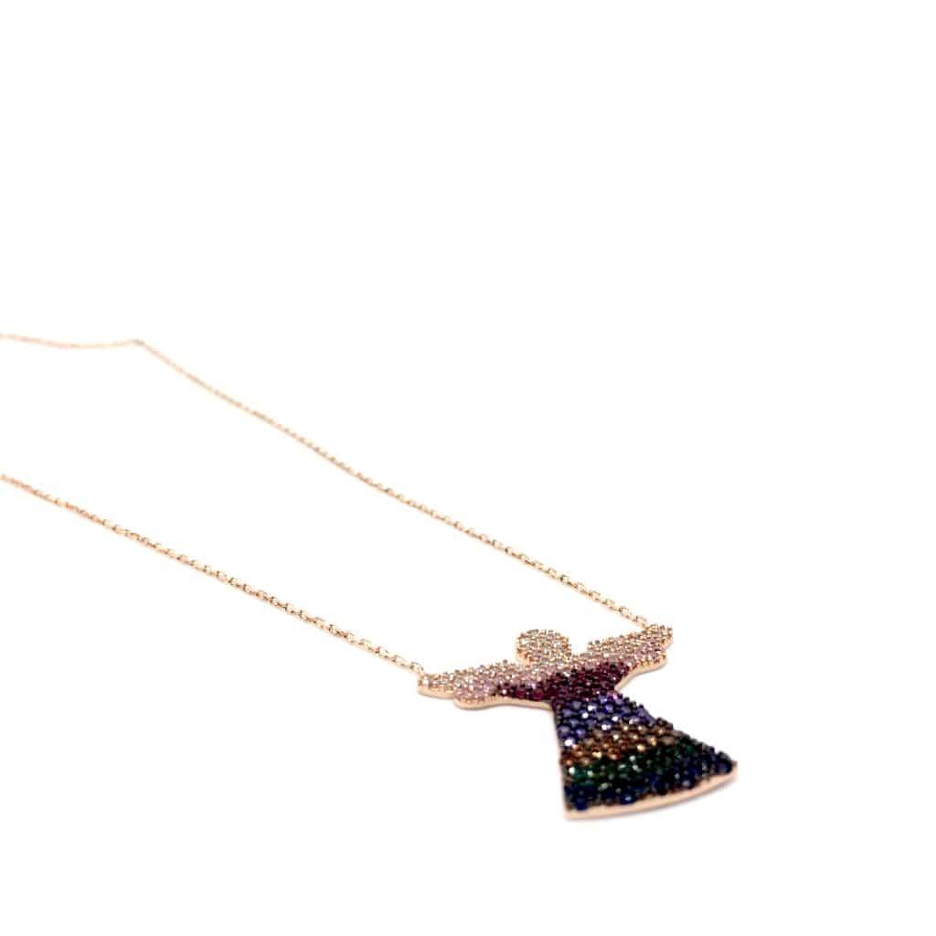 Rose Gold and Sterling Silver Angel Necklace with Colourful Crystals - Naked Nation UK
