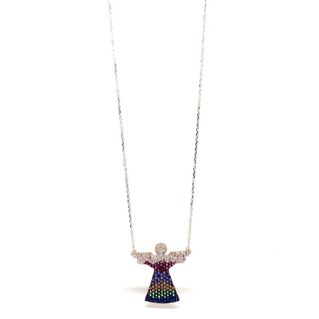 Rose Gold and Sterling Silver Angel Necklace with Colourful Crystals - Naked Nation UK