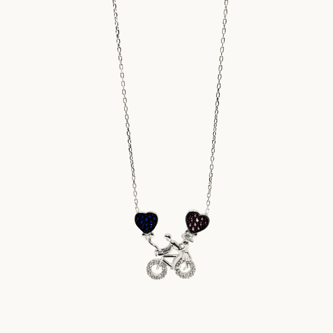 Sterling Silver Bicycle Necklace with Cubic Zirconia Hearts Pendant - Naked Nation UK