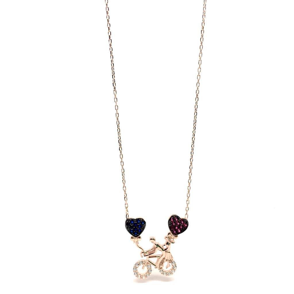 Sterling Silver Bicycle Necklace with Cubic Zirconia Hearts Pendant - Naked Nation UK