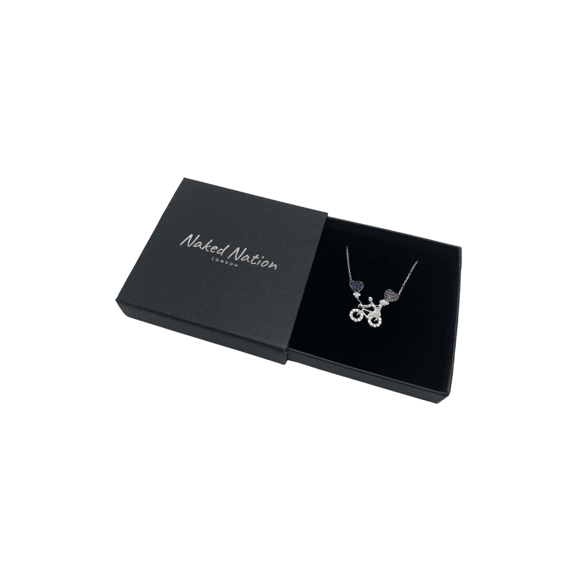 Sterling Silver Bicycle Necklace with Cubic Zirconia Hearts Pendant - Naked Nation UK