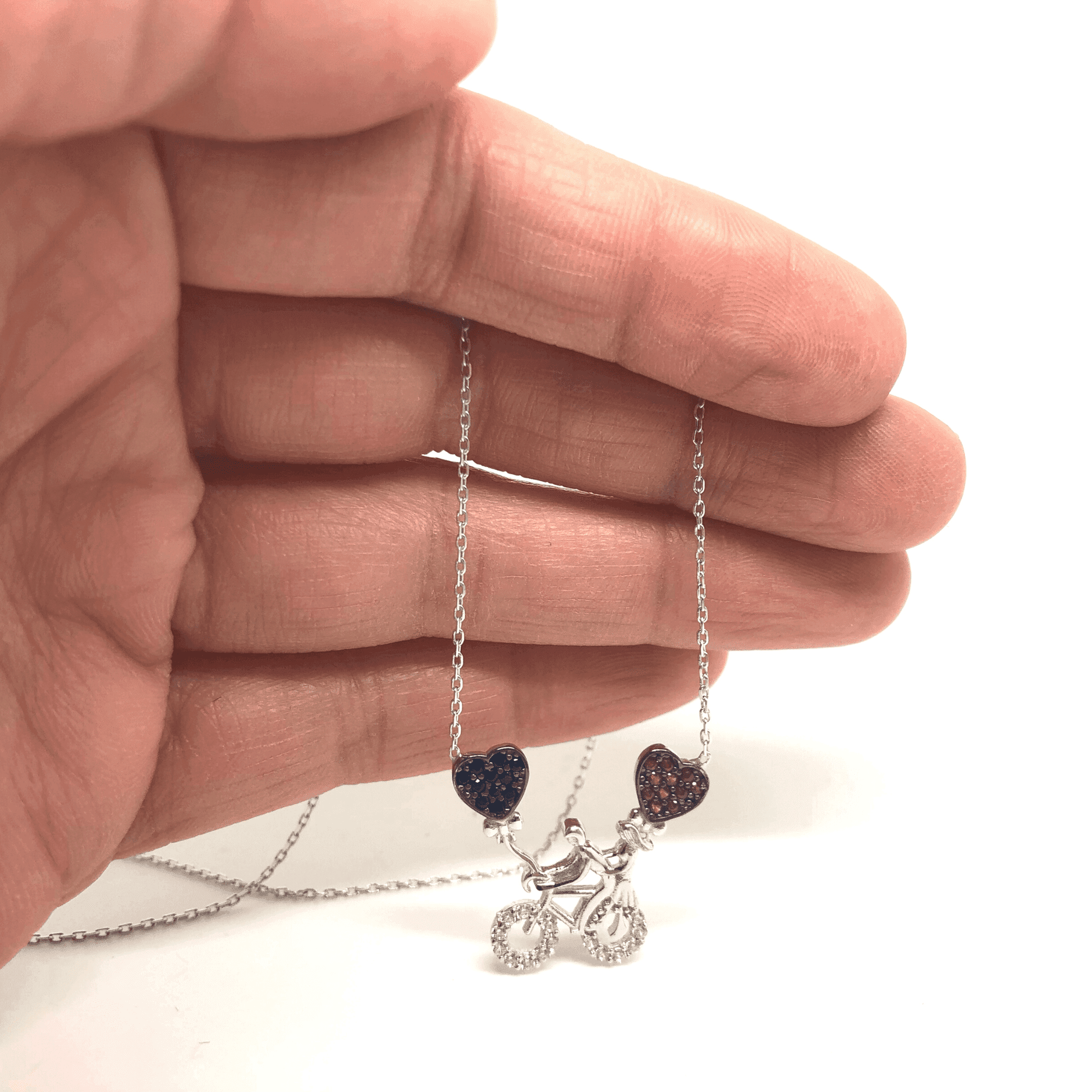 Sterling Silver Bicycle Necklace with Cubic Zirconia Hearts Pendant - Naked Nation UK