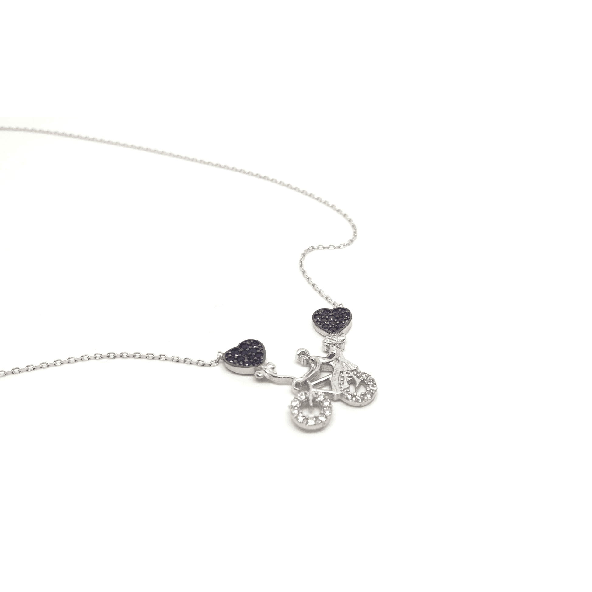 Sterling Silver Bicycle Necklace with Cubic Zirconia Hearts Pendant - Naked Nation UK