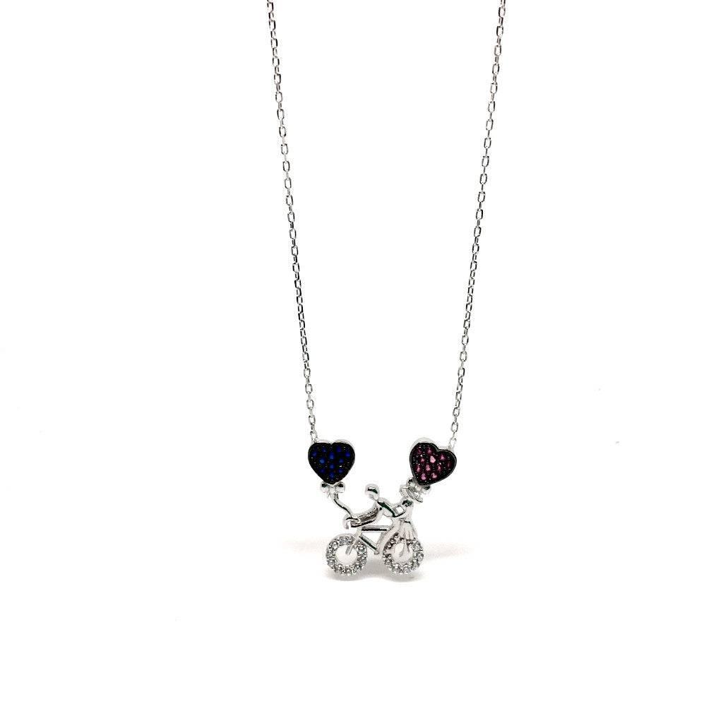 Sterling Silver Bicycle Necklace with Cubic Zirconia Hearts Pendant - Naked Nation UK