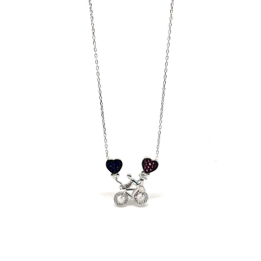 Sterling Silver Bicycle Necklace with Cubic Zirconia Hearts Pendant - Naked Nation UK