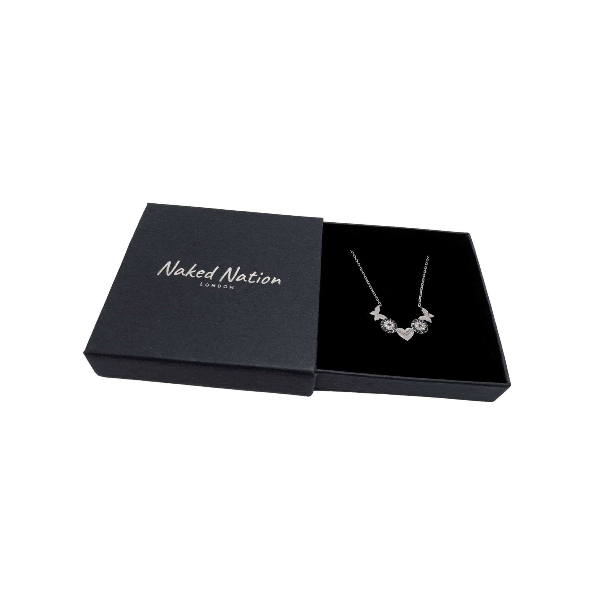 Sterling Silver Heart, Butterfly & Round Design Pendant Necklace - symbol of love and abundance - Naked Nation UK