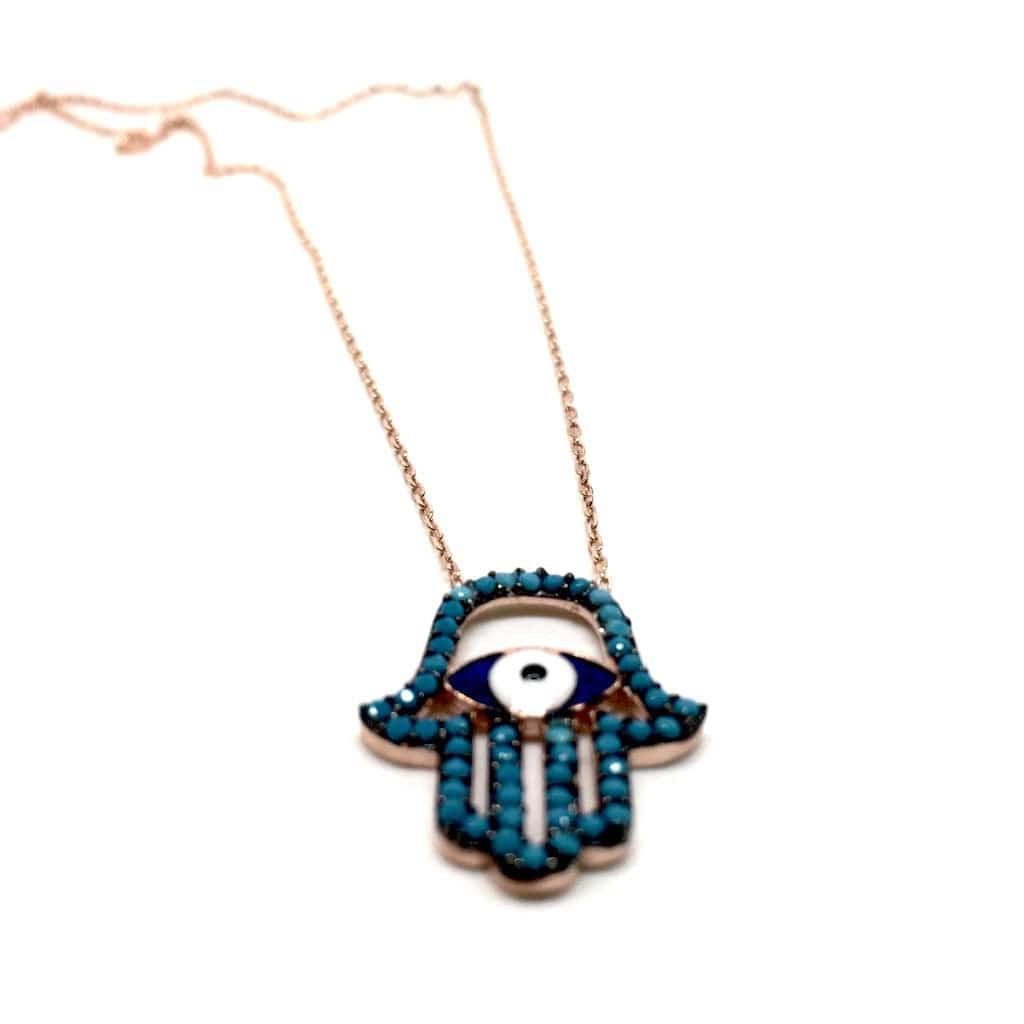 Sterling Silver Mediterranean Hamsa Hand and Turkish Eye (Evil Eye) Pendant - Naked Nation UK