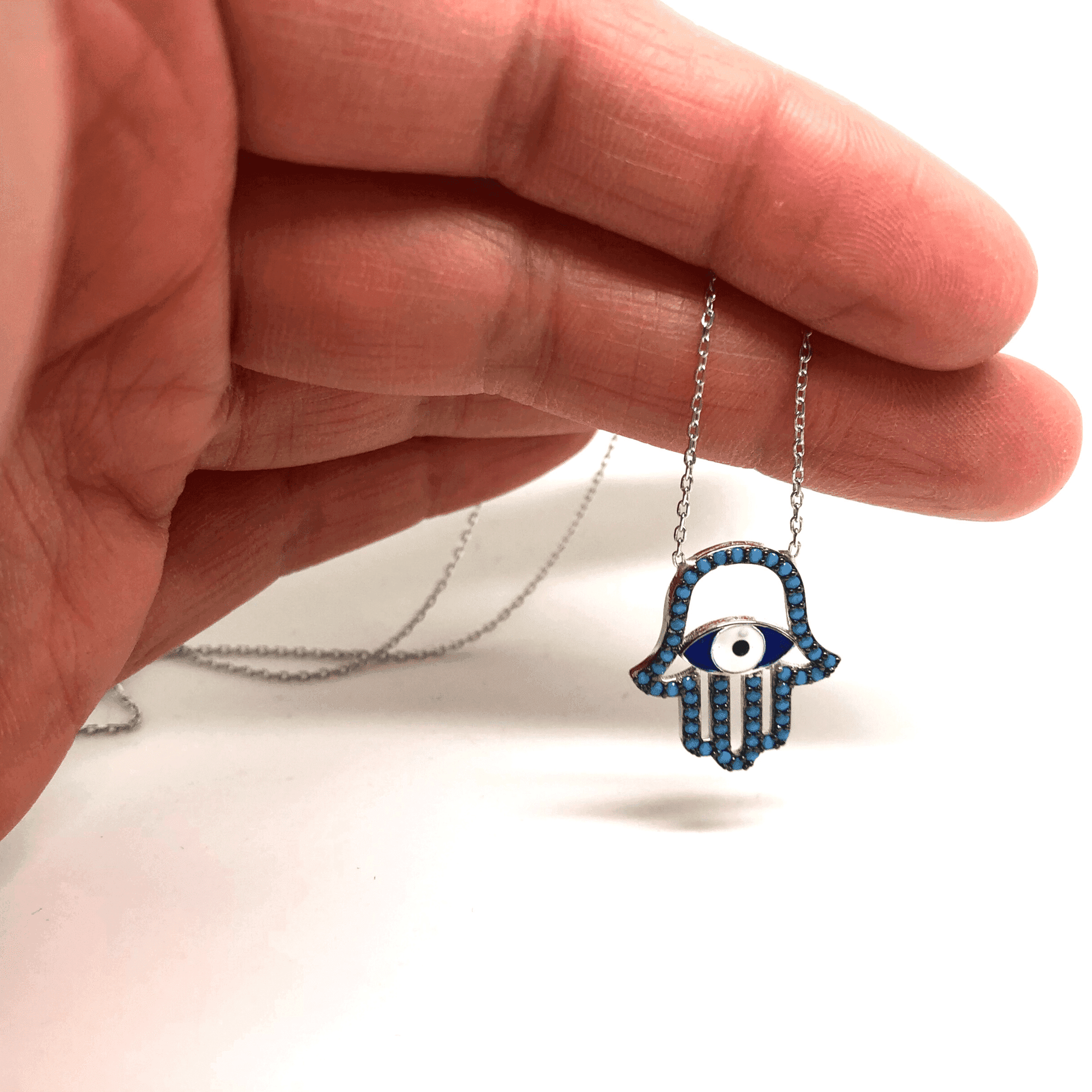 Sterling Silver Mediterranean Hamsa Hand and Turkish Eye (Evil Eye) Pendant - Naked Nation UK