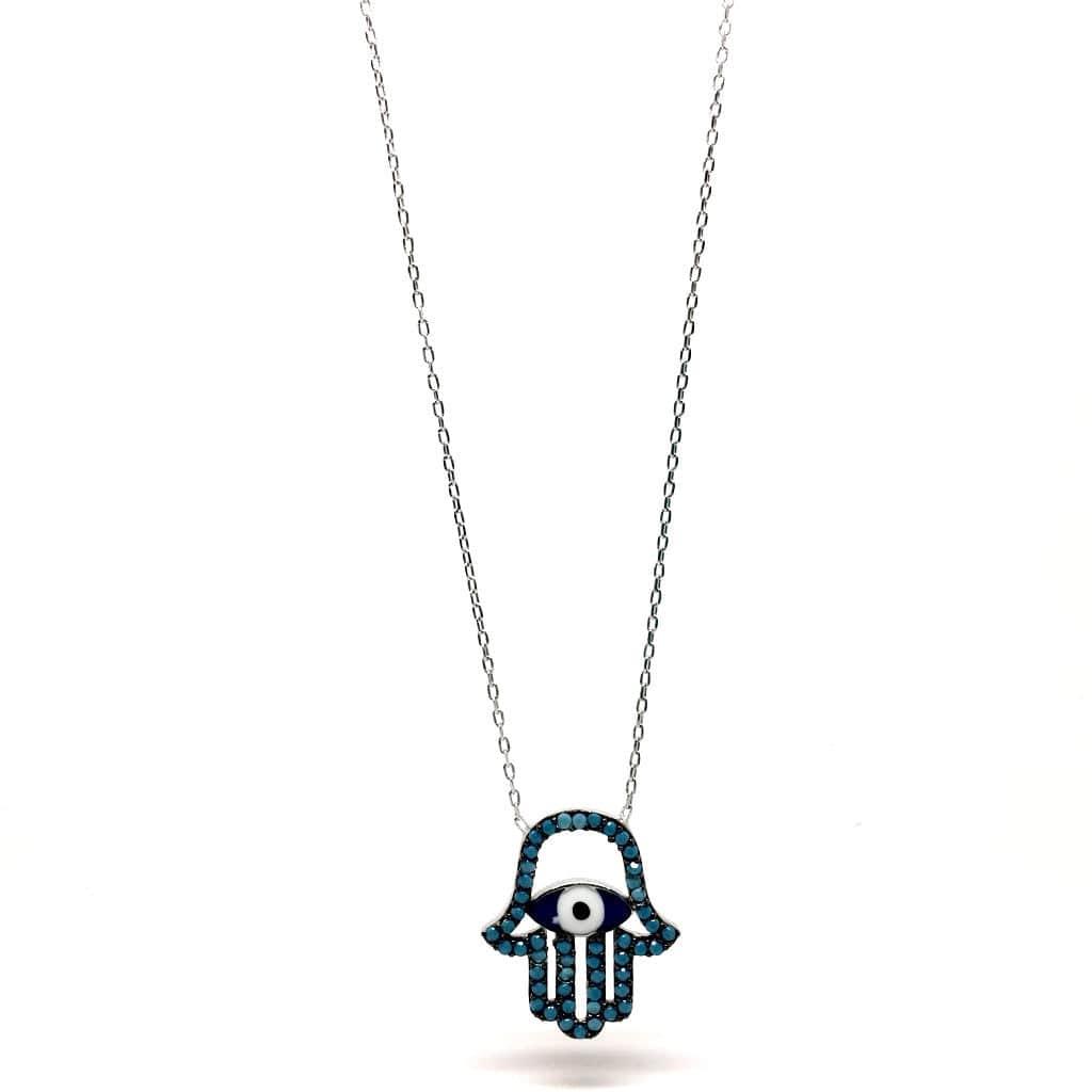 Sterling Silver Mediterranean Hamsa Hand and Turkish Eye (Evil Eye) Pendant - Naked Nation UK