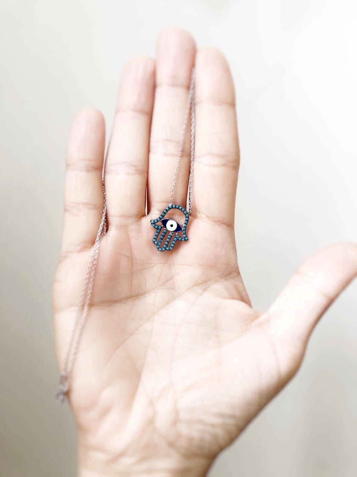 Sterling Silver Mediterranean Hamsa Hand and Turkish Eye (Evil Eye) Pendant - Naked Nation UK