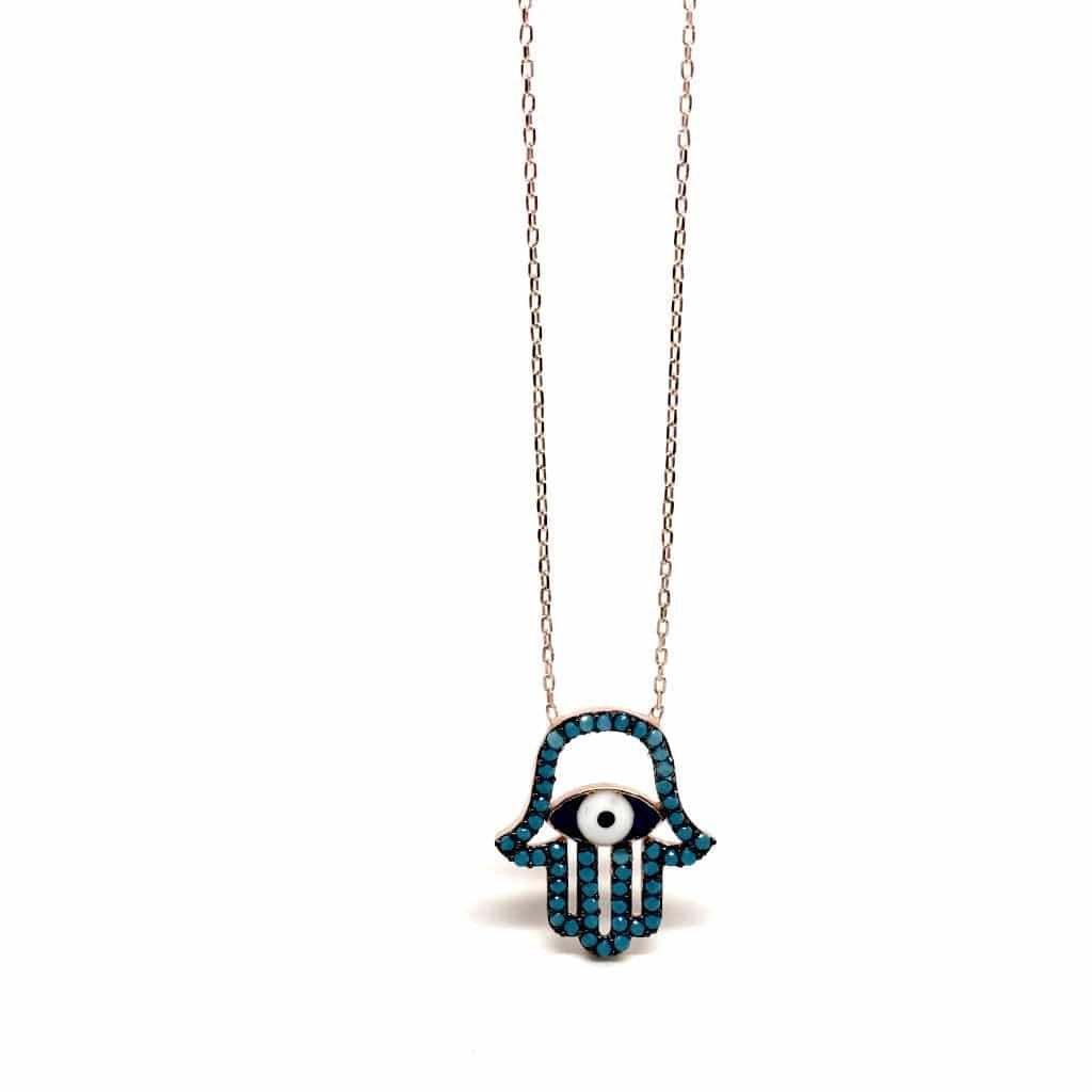 Sterling Silver Mediterranean Hamsa Hand and Turkish Eye (Evil Eye) Pendant - Naked Nation UK