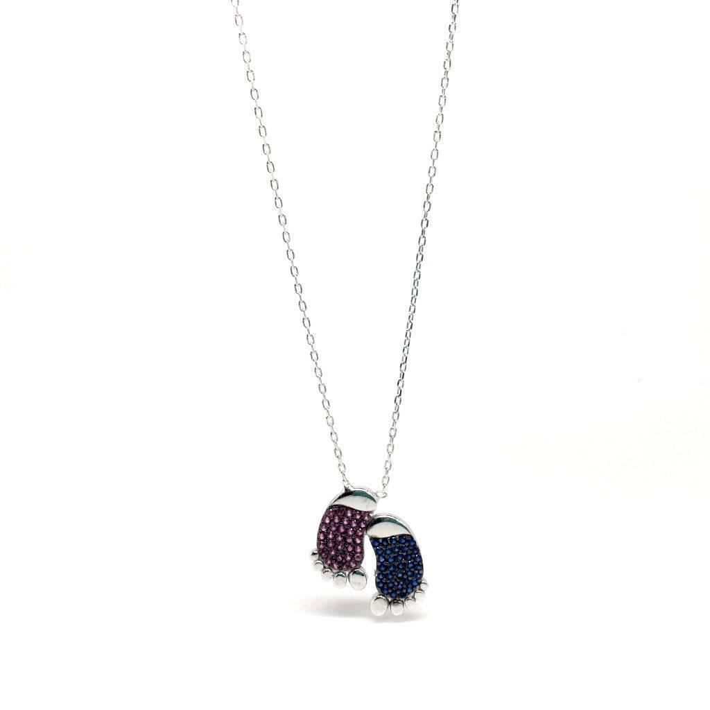 Sterling Silver Mother and Baby Feet Cubic Zirconia Pendant Necklace - Naked Nation UK