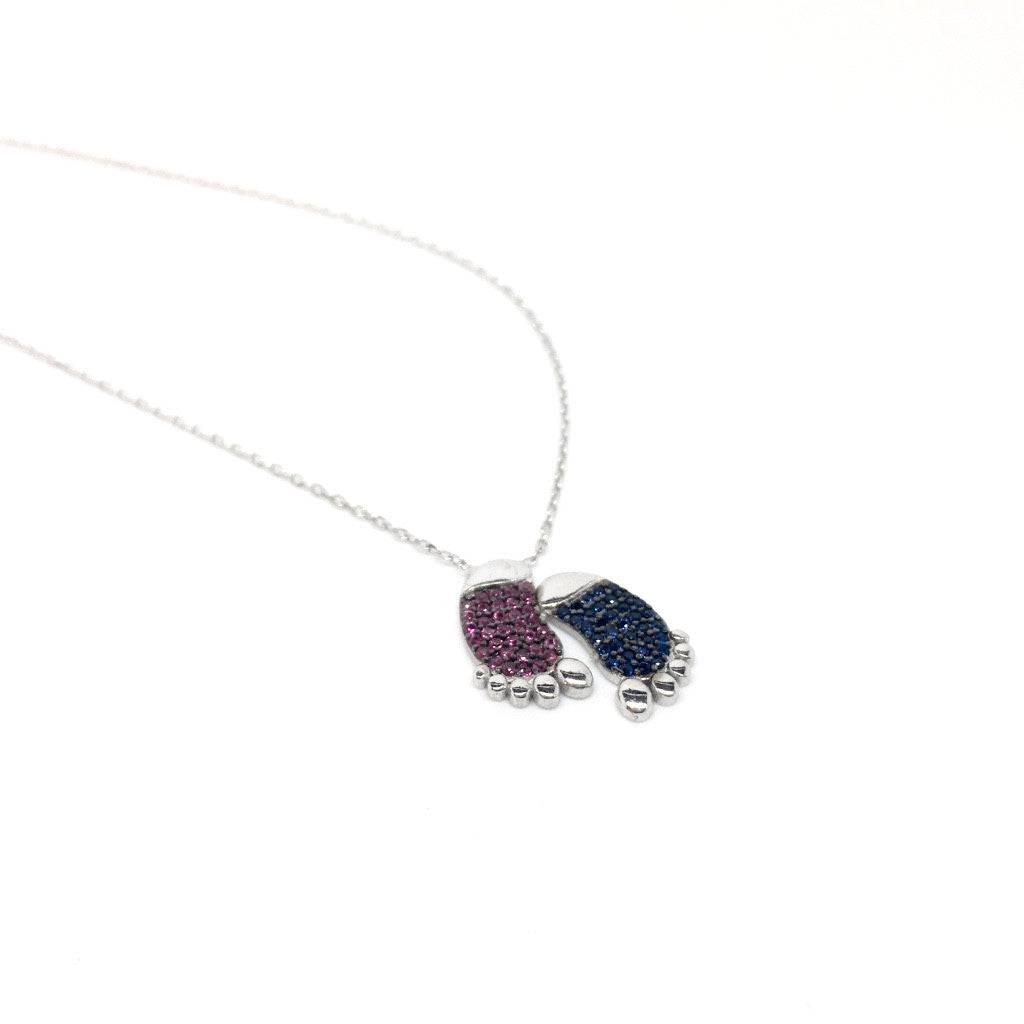 Sterling Silver Mother and Baby Feet Cubic Zirconia Pendant Necklace - Naked Nation UK