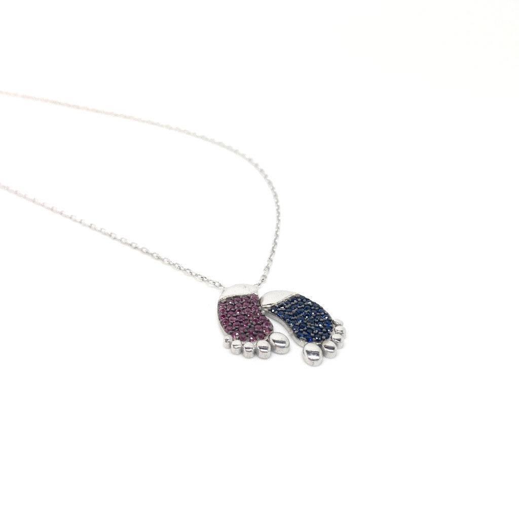 Sterling Silver Mother and Baby Feet Cubic Zirconia Pendant Necklace - Naked Nation UK