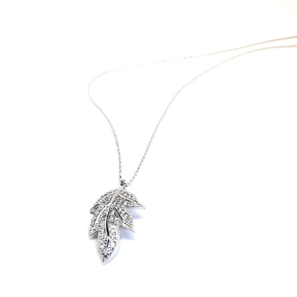 Sterling Silver Necklace with Cubic Zirconia Leaf Design Pendant - Naked Nation UK