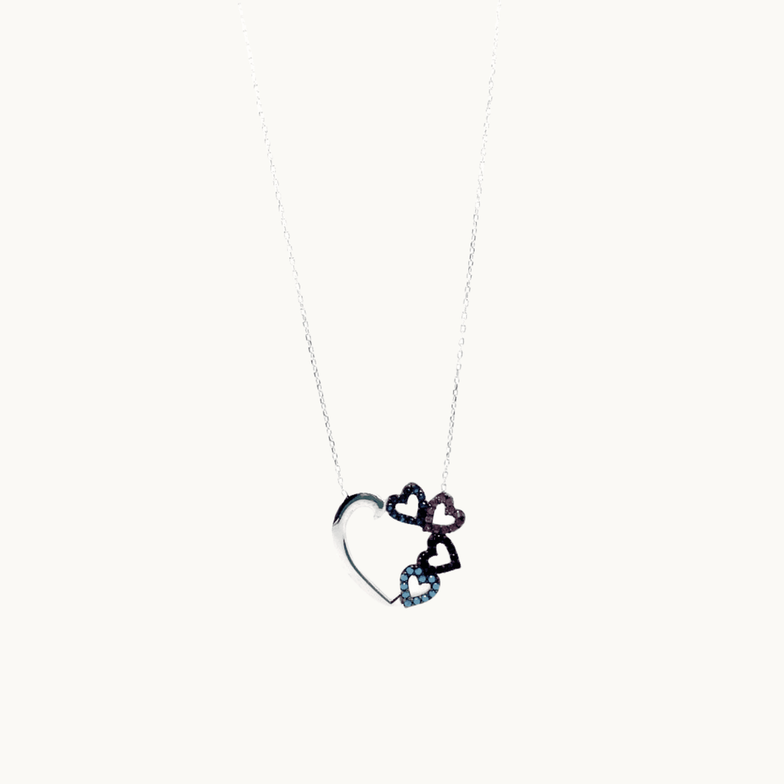 Sterling Silver Necklace with Small Black Pink and Blue Hearts Pendant by Naked Nation - Naked Nation UK