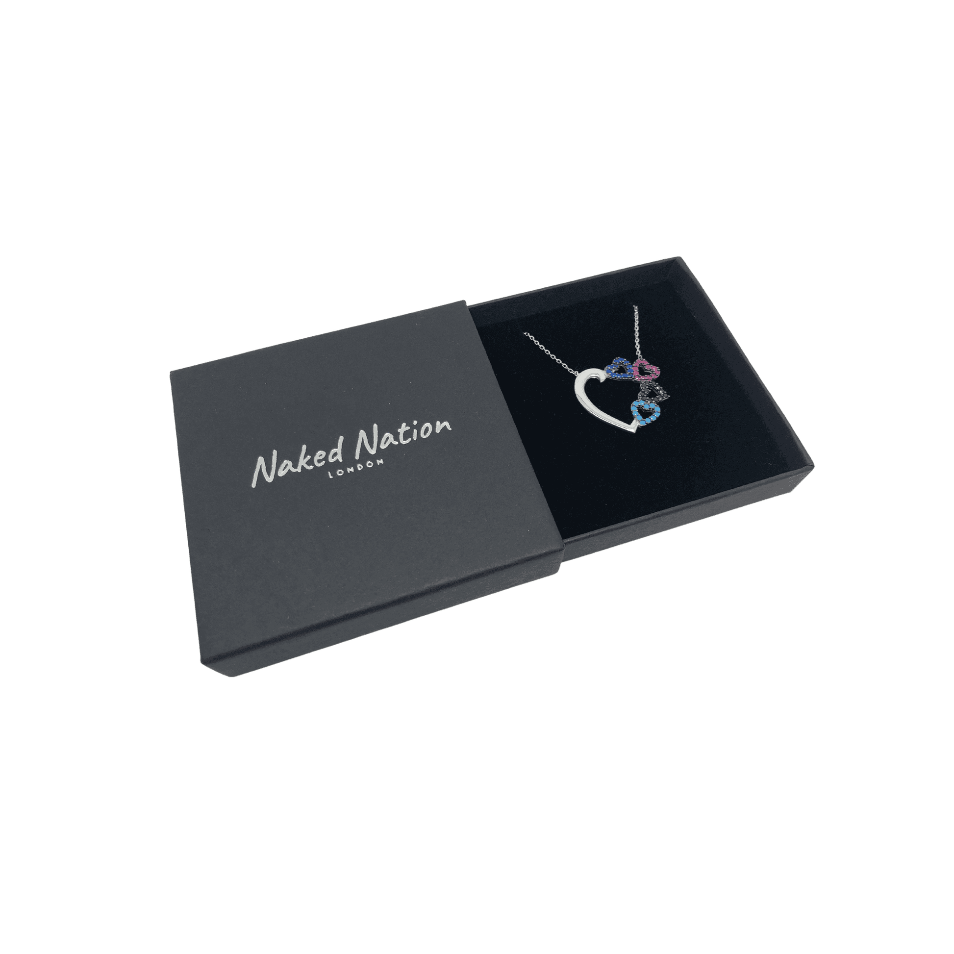 Sterling Silver Necklace with Small Black Pink and Blue Hearts Pendant by Naked Nation - Naked Nation UK