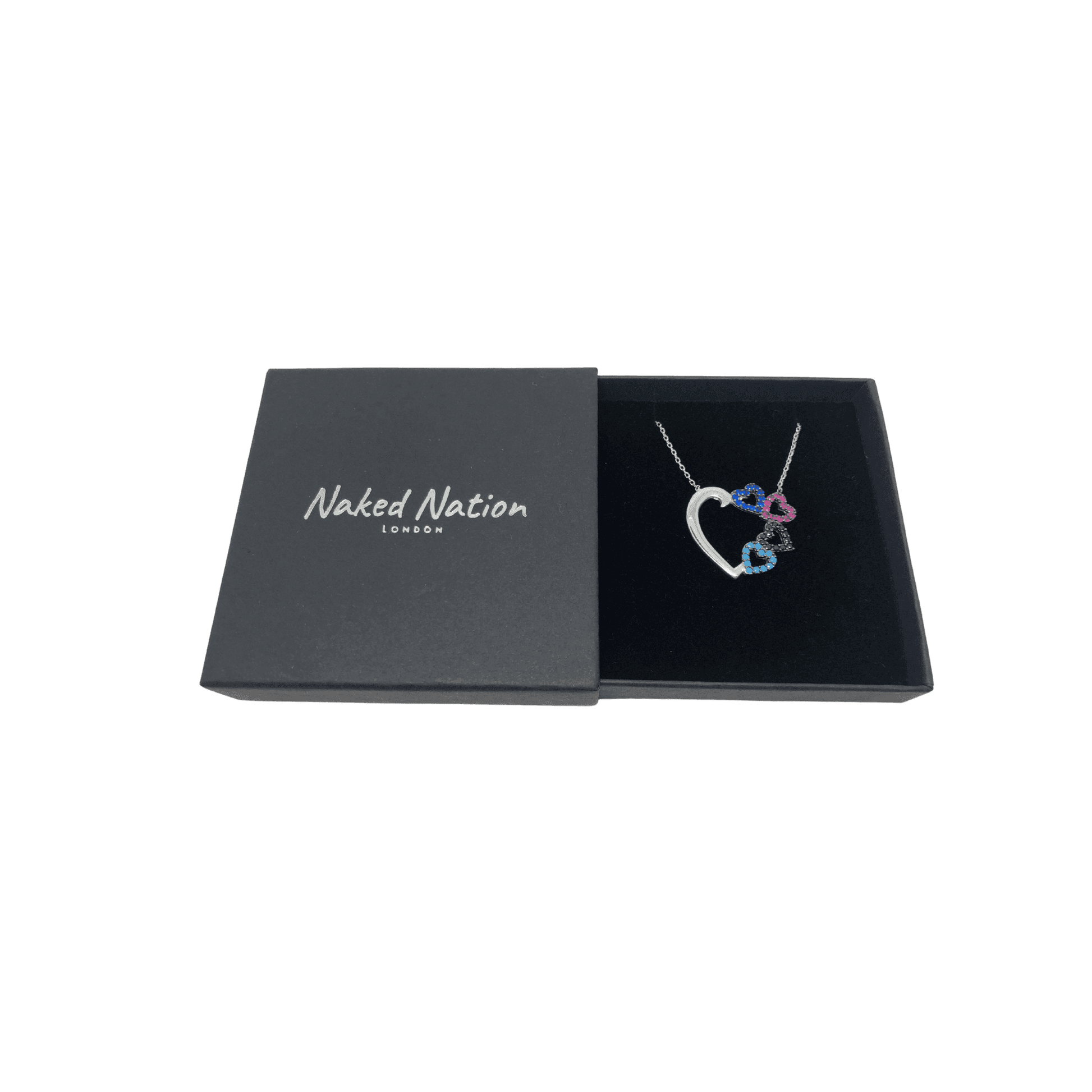 Sterling Silver Necklace with Small Black Pink and Blue Hearts Pendant by Naked Nation - Naked Nation UK