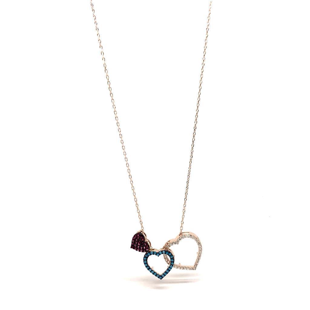 Sterling Silver Rose Gold Triple Heart Cubic Zirconia Pendant Necklace - Naked Nation UK
