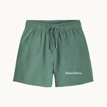 Naked Nation women's organic cotton jogger shorts in Sage Green, front view