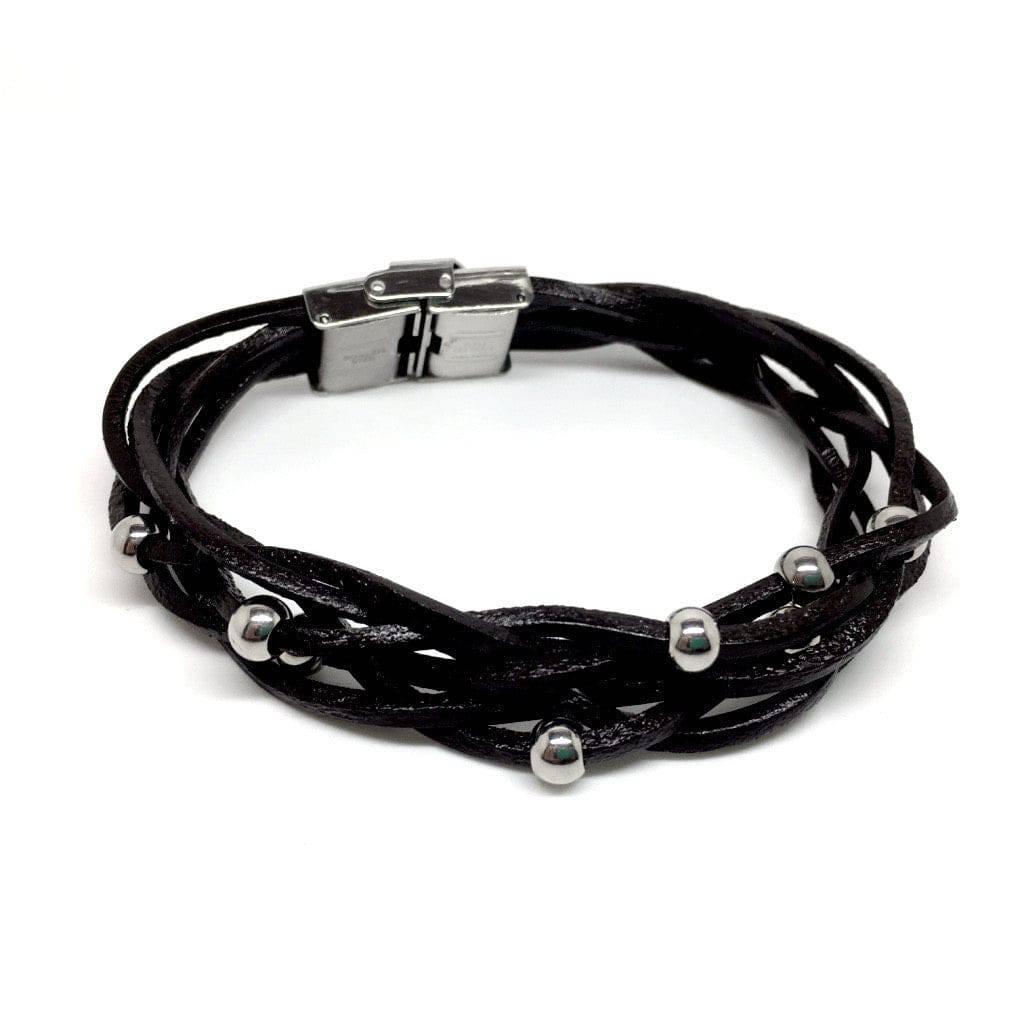 Italian Black and Brown Genuine Leather Bracelet with Stainless Steel Beads - Naked Nation UK