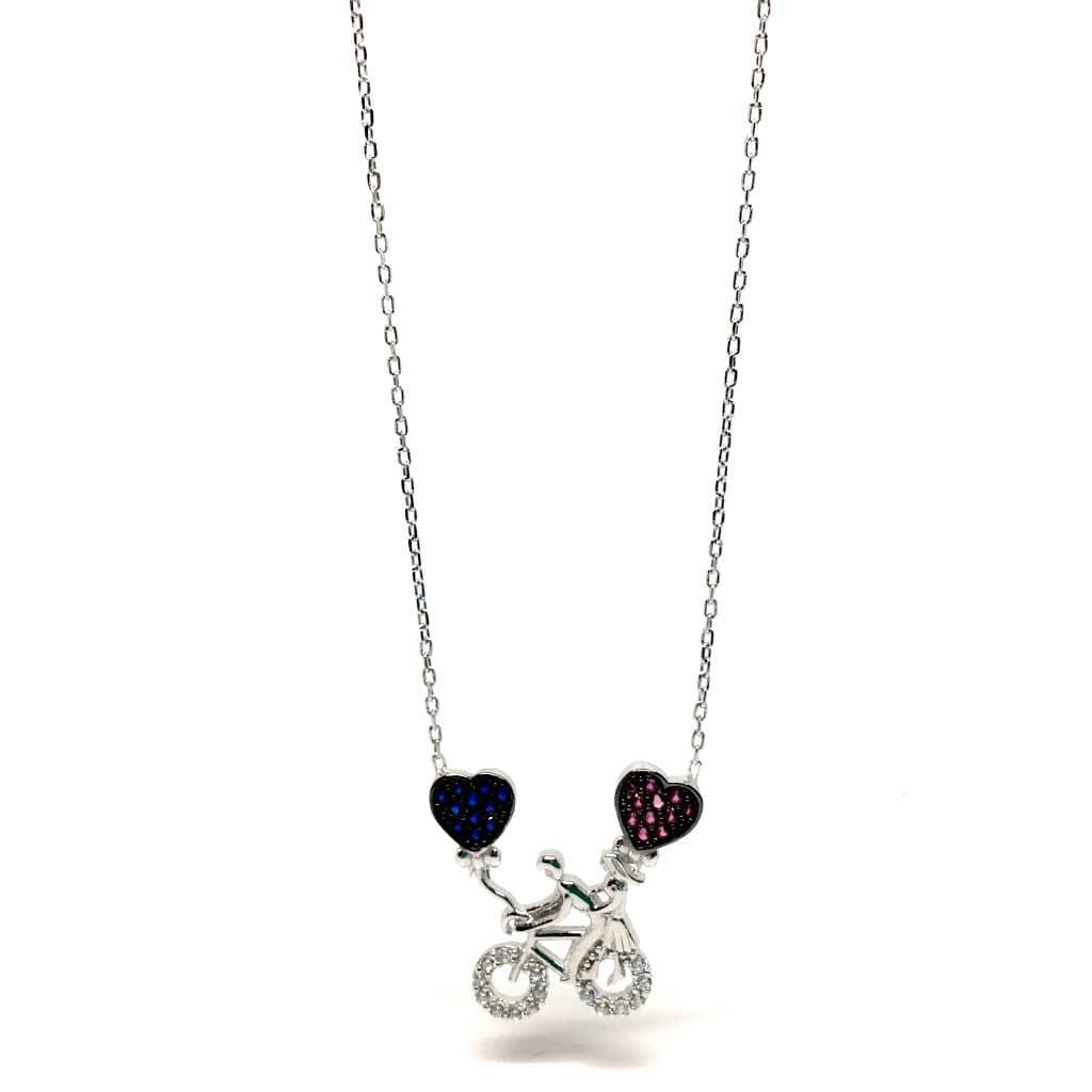 Sterling Silver Bicycle Necklace with Cubic Zirconia Hearts Pendant - Naked Nation UK