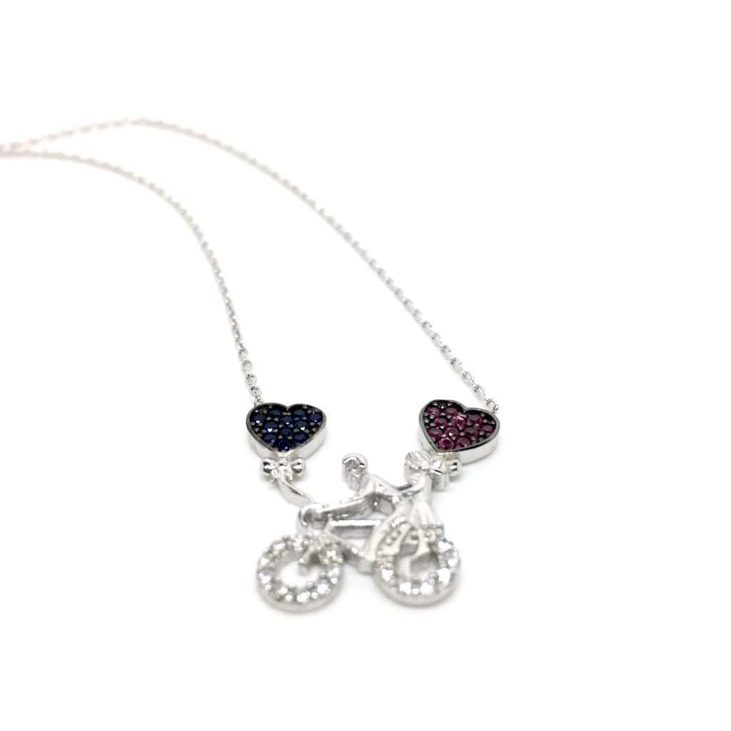 Sterling Silver Bicycle Necklace with Cubic Zirconia Hearts Pendant - Naked Nation UK